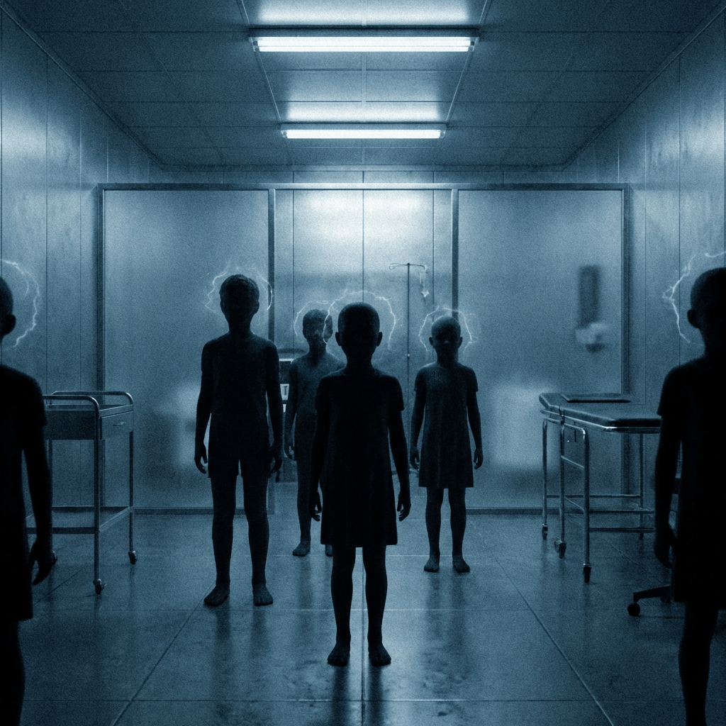 Silhouetted children with glowing halos of energy standing in a sterile, dimly lit clinical setting.
